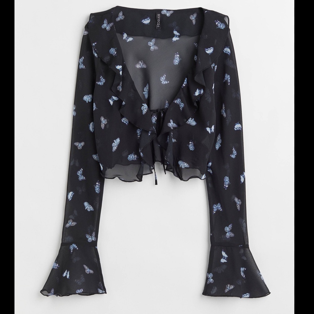 H&M Divided Black Blue Butterfly Sheer Flounce-Trimmed Chiffon Blouse Size Small